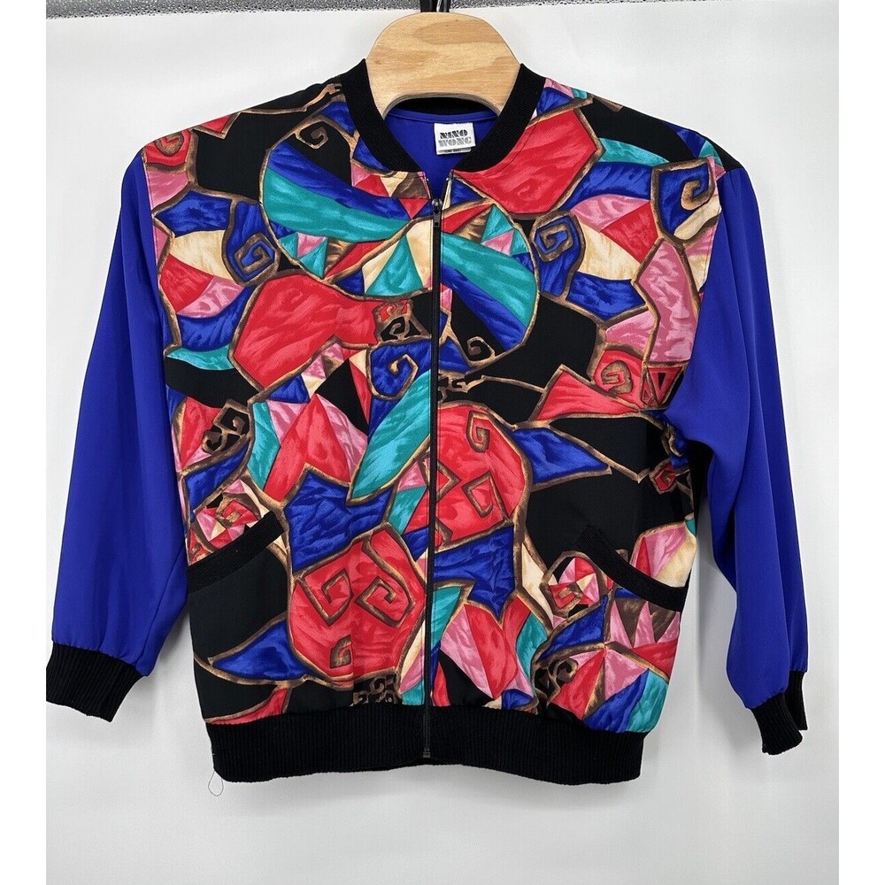 Nino Wong Shirt Blouse Button Up‎ Collared Shoulder Pads Geometric L Vintage 80s